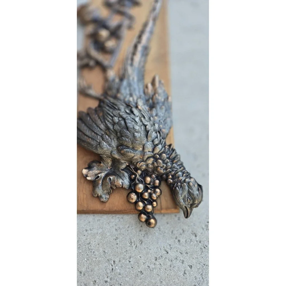 Vtg German cast metal still life hunting pheasant wall decor wood cabin core